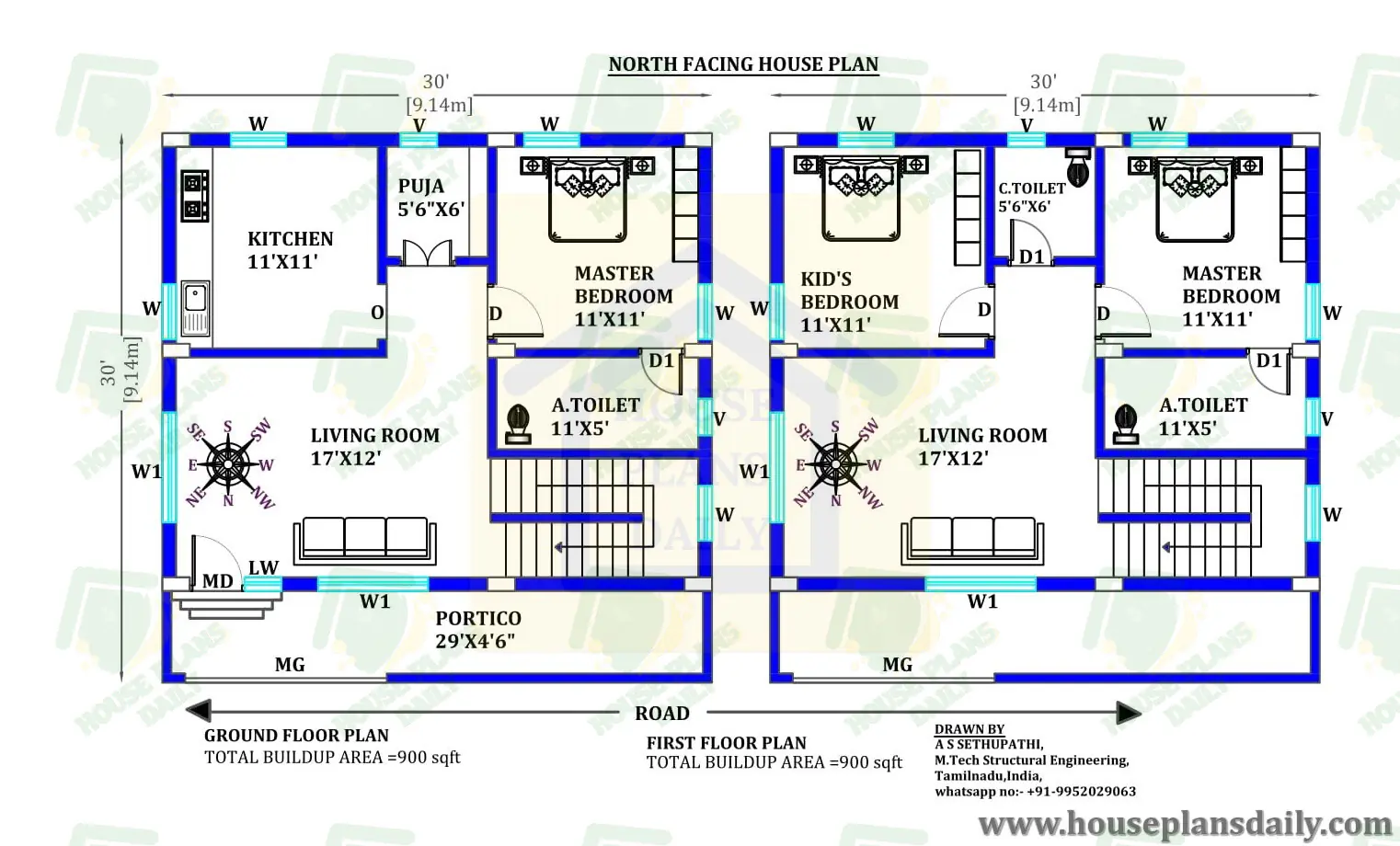 30x30 North Facing Duplex House Plans per Vastu