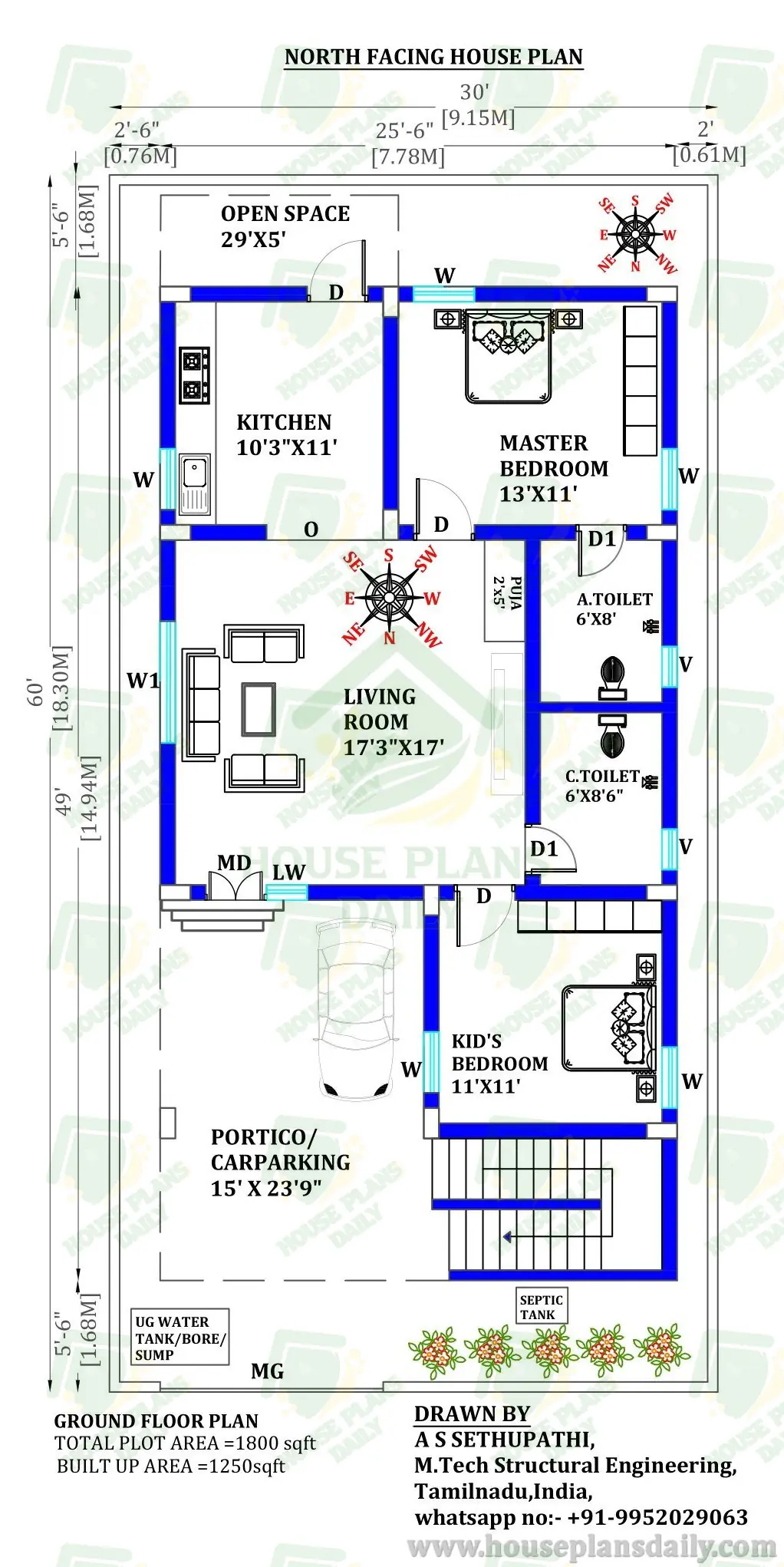 30x60 North Facing House Plans 2bhk | 2 Bedroom Home