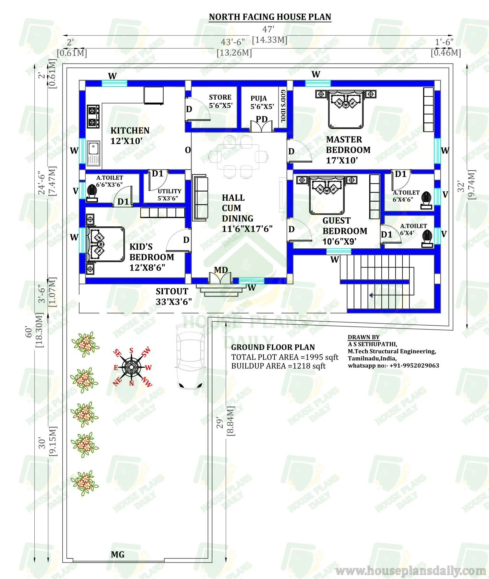 3 Room House | 2000 SQFT House Plan | North Facing House