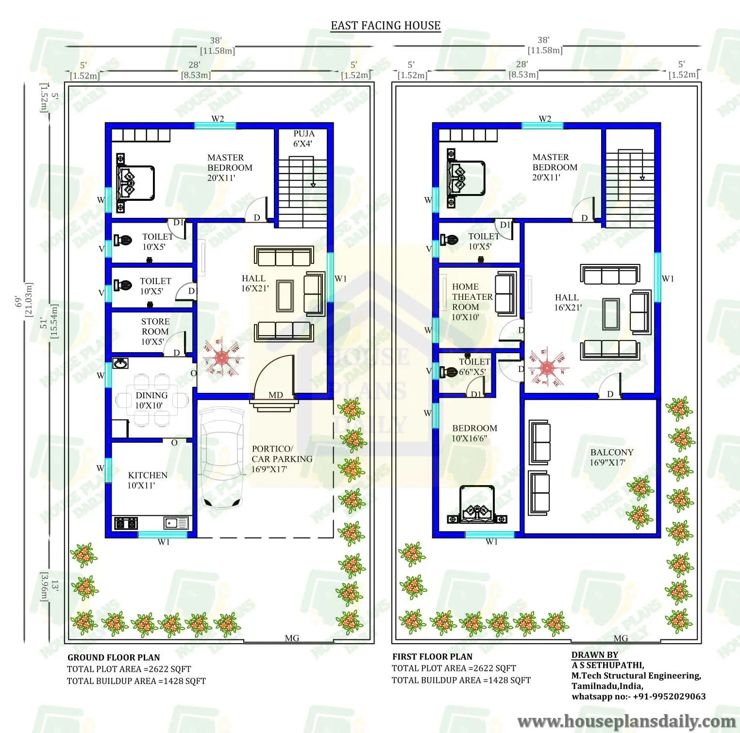 38x69 East Facing Home Plan With Vastu Shastra