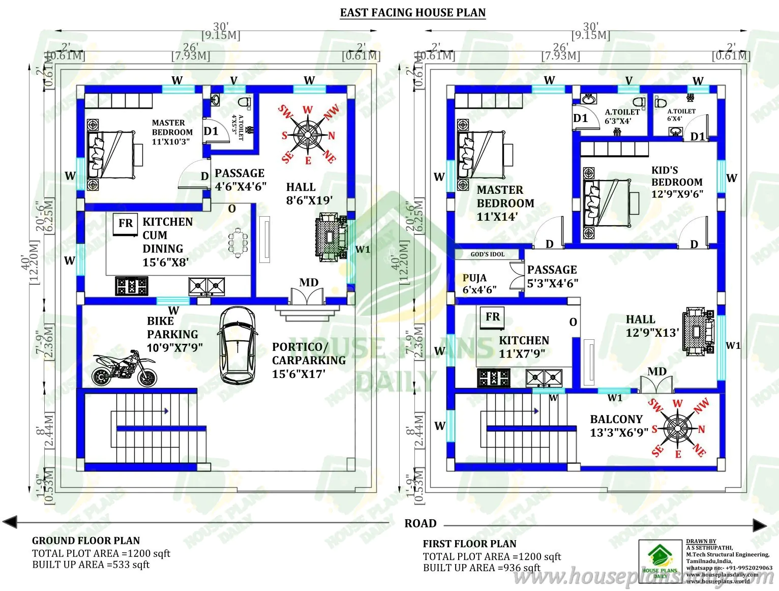 30x40 East Facing House Plan | 1200 Sqft East Facing House Plan