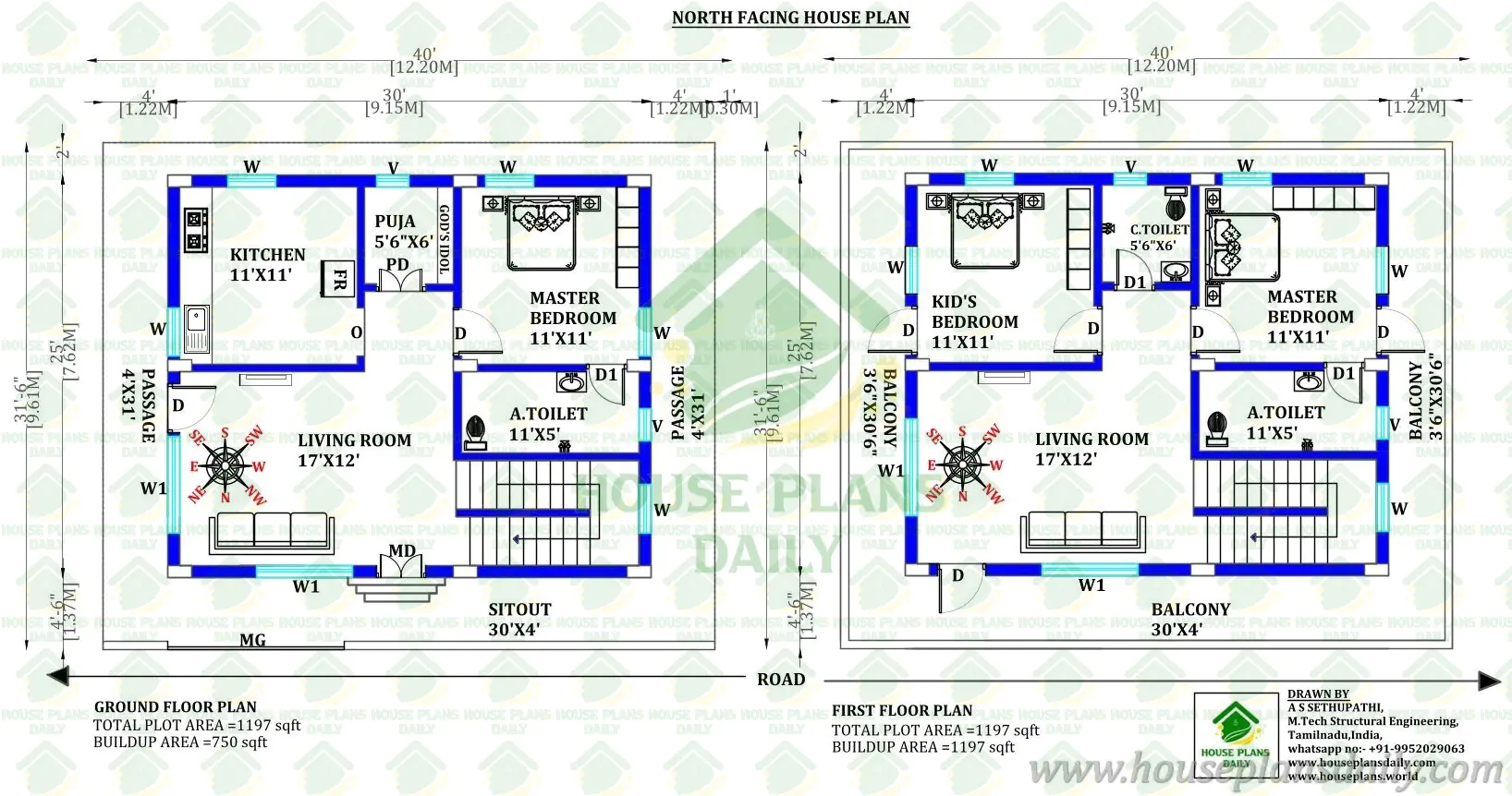 1197 Sqft North Facing House Plan | 1 BHK Ground Floor Vastu Design