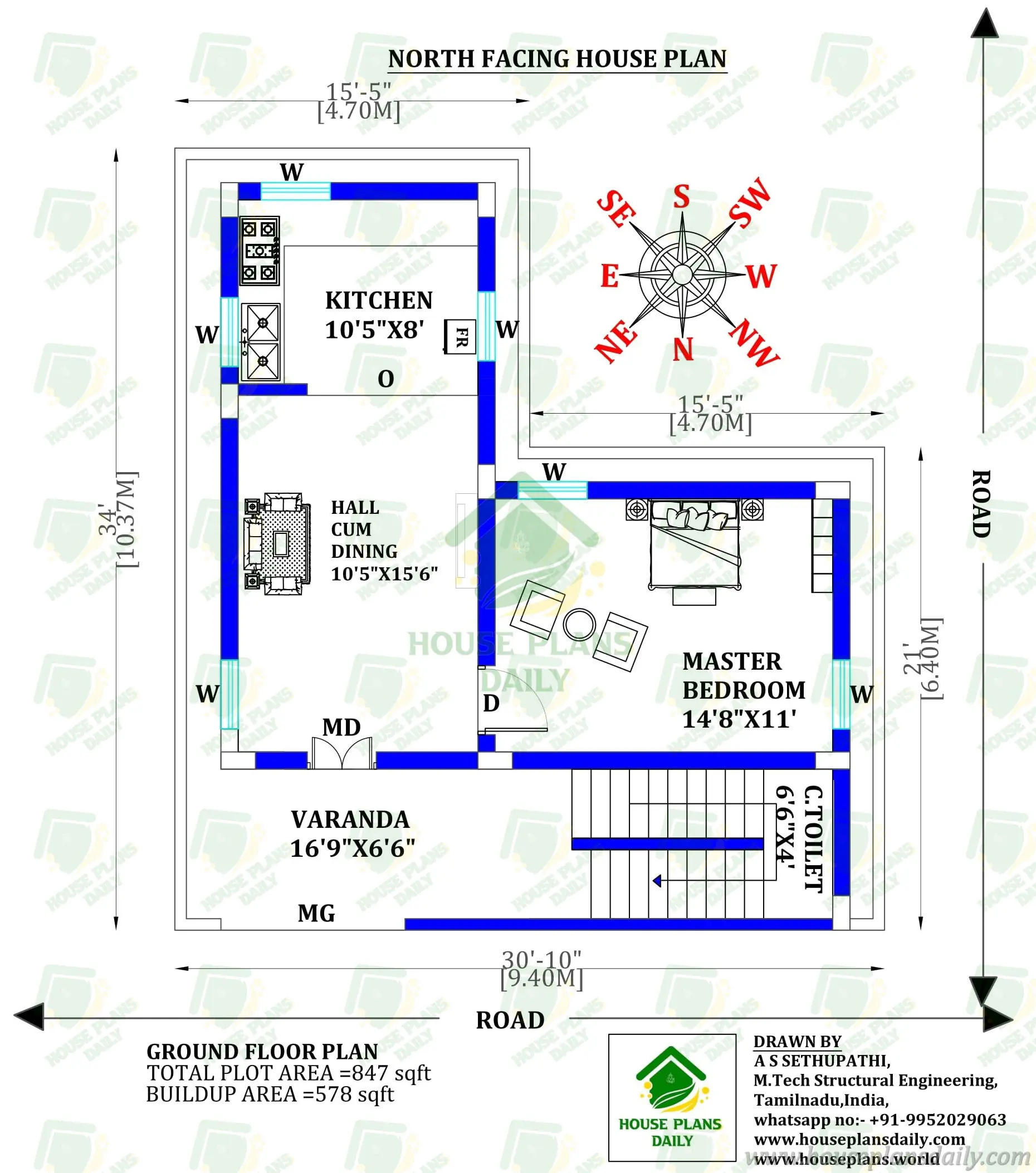 North Facing 1 BHK Vastu Home Plan for 900 Sqft Plot | Single Storey Compact Design