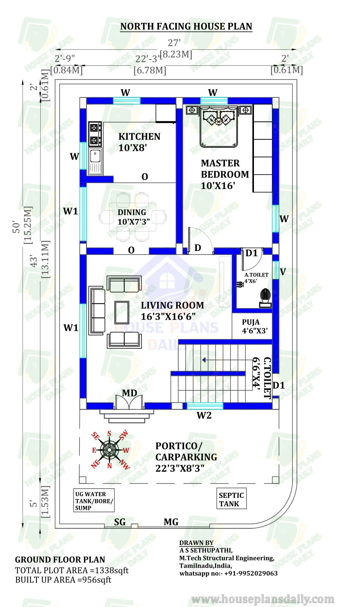 North Facing Duplex House Plan | 2bhk North Facing House