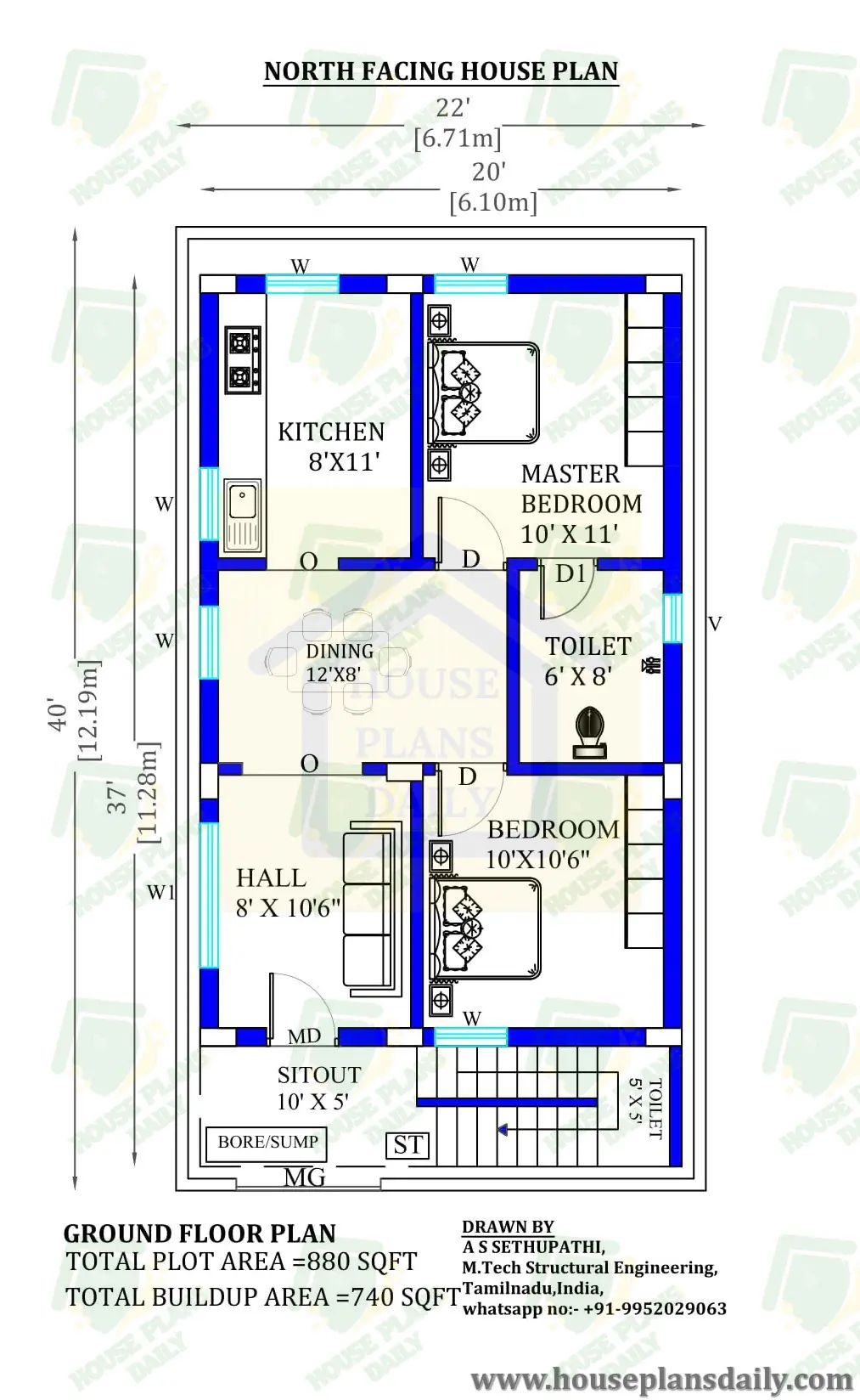 22x40 North Facing House Plan