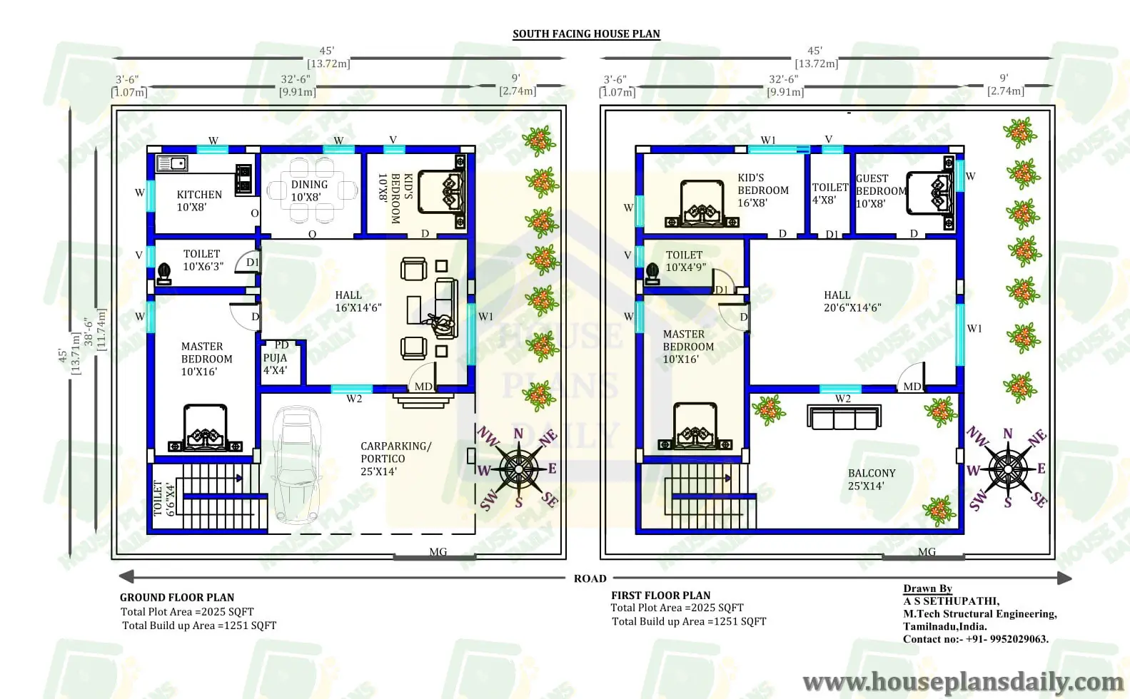 45x45 South Facing House Plan | Vastu Home Design