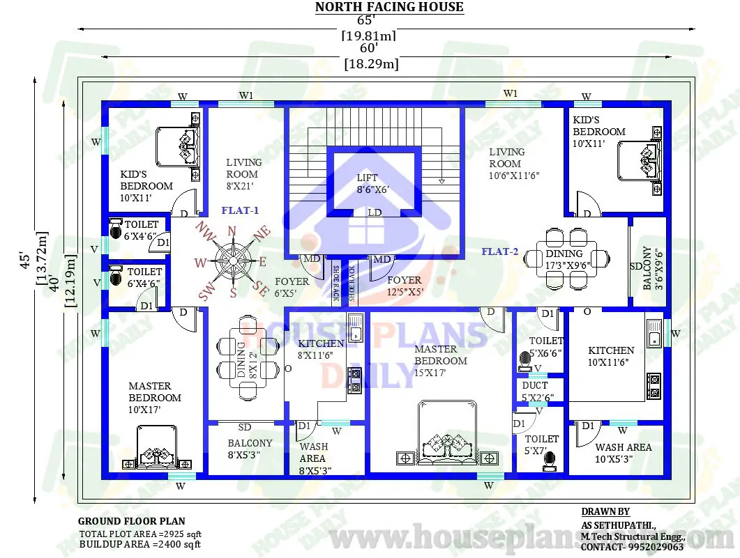 65x45 North facing floor plan