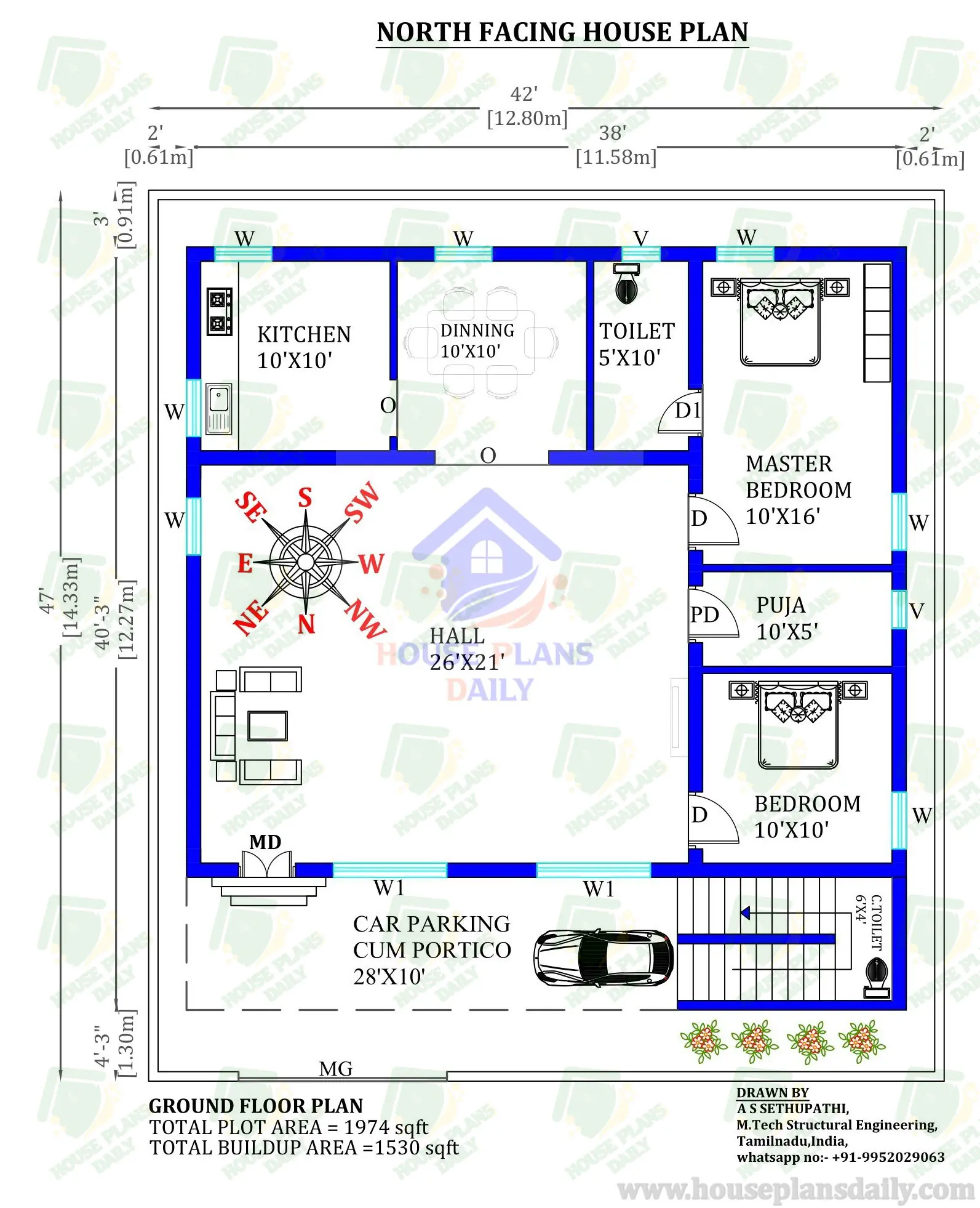 House Plan for North Facing House | 42x47 House Plan with Car Parking