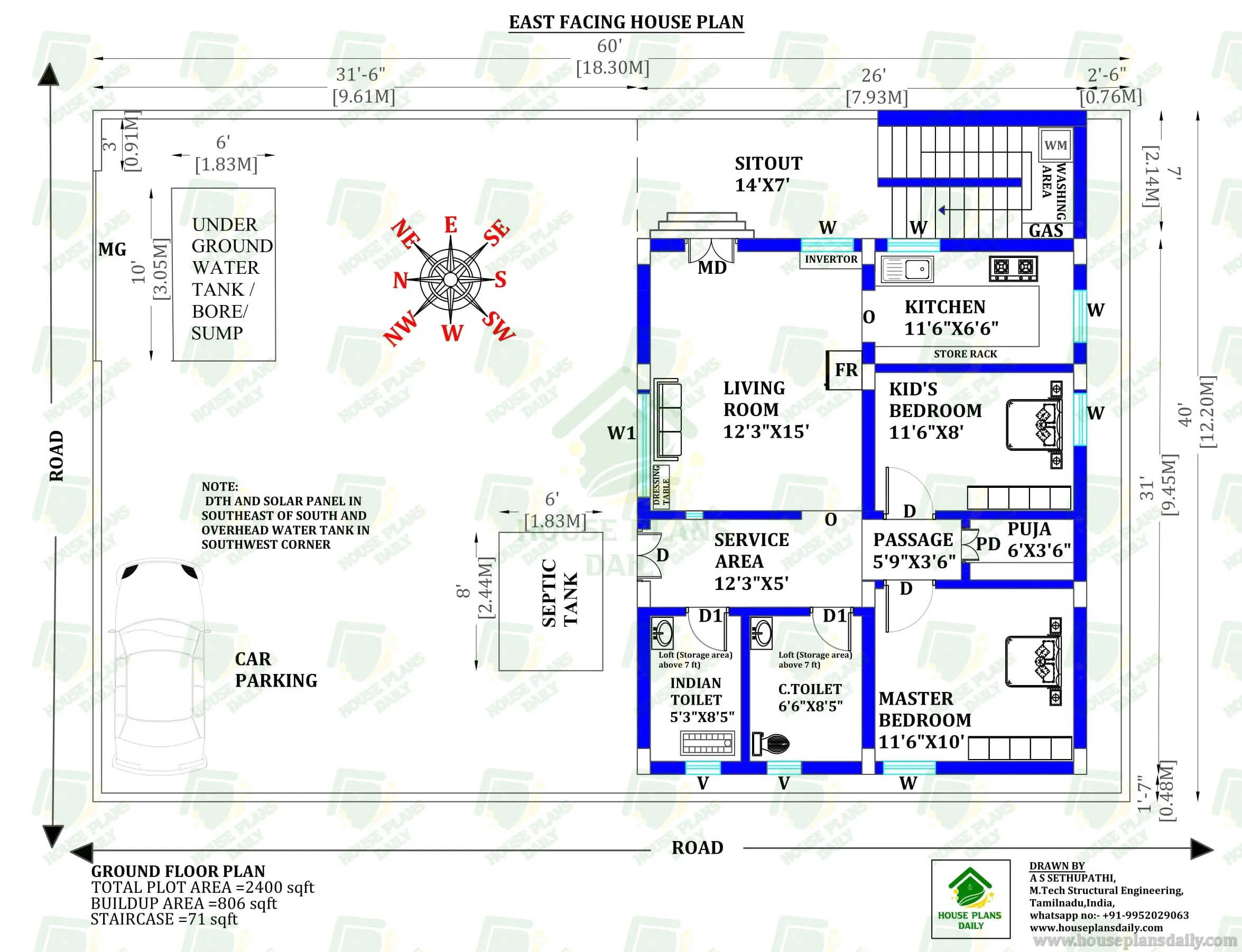 60x40 East Facing 2BHK Ground Floor Plan | 2400 SQFT Plot
