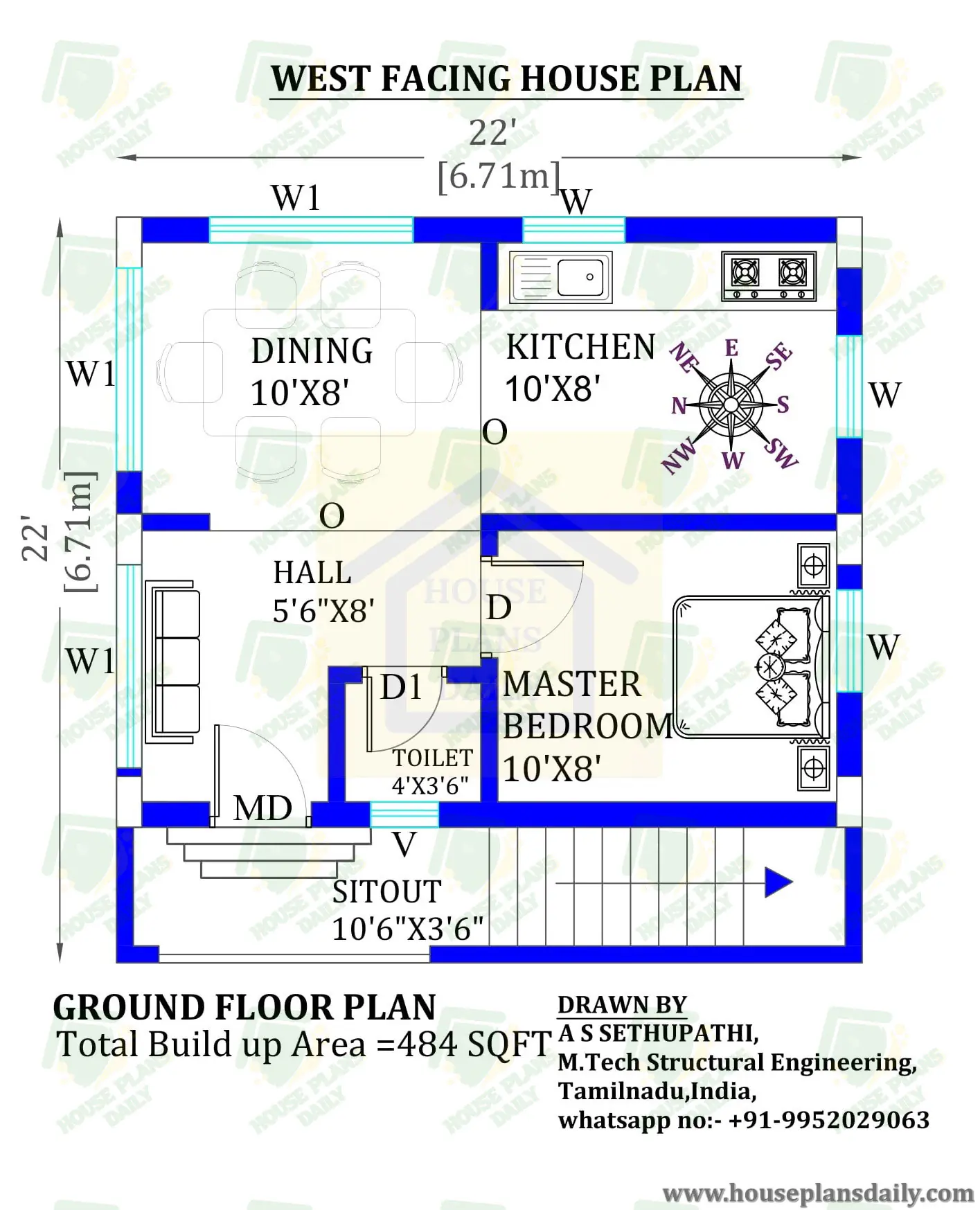 22x22 West Facing Vastu House Design