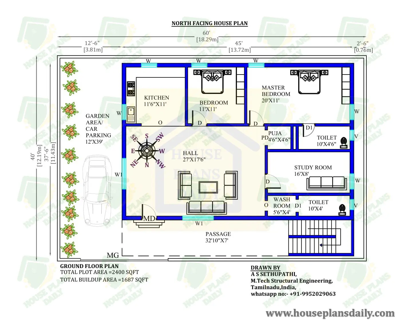 60x40 North Facing House Plans Design