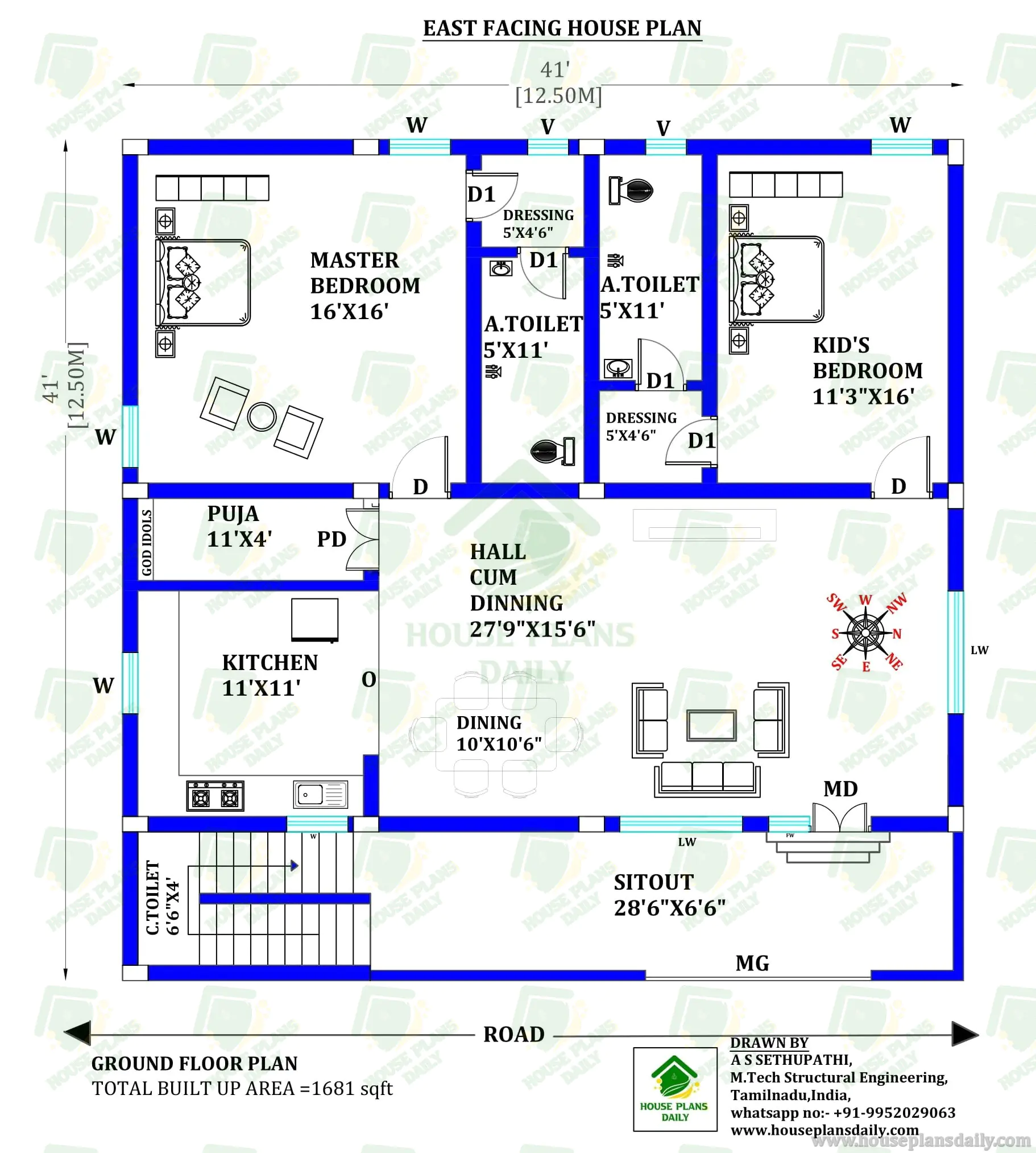 2BHK East Facing Ground Floor House Plan with Puja Room | 1681 Sq Ft