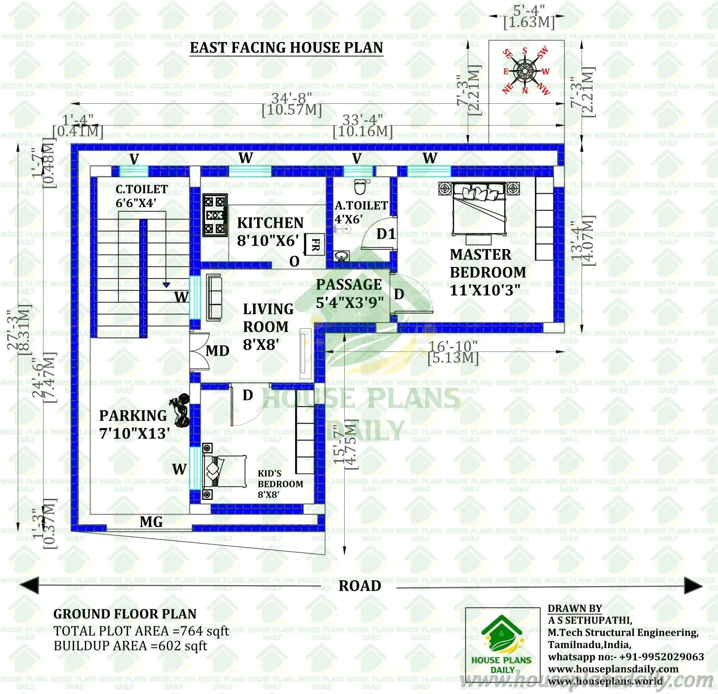 Compact 2BHK East Facing House Design (764 Sq Ft Plot) with Bike Parking