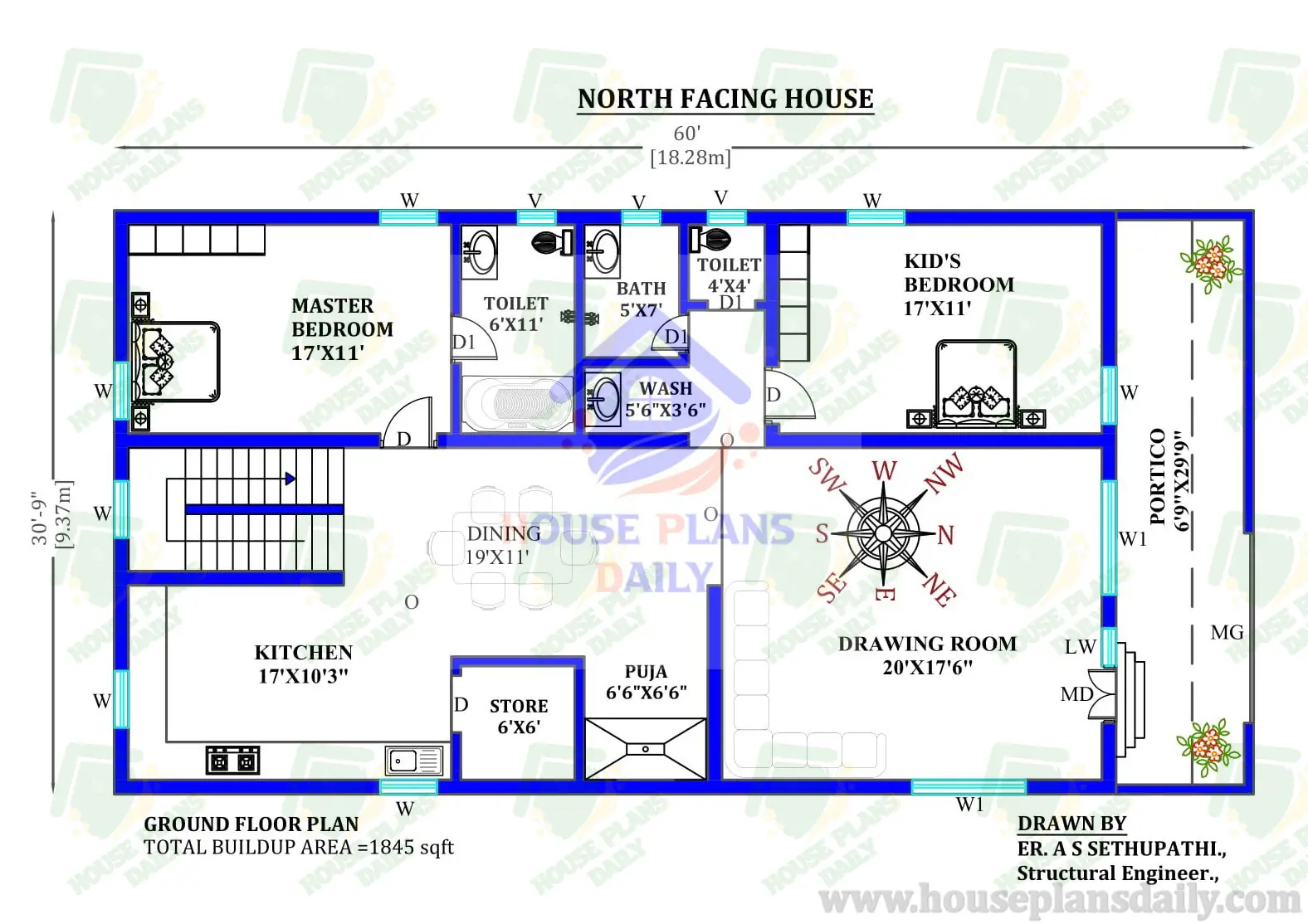 60X30 G+1 North Facing Twin House Plan