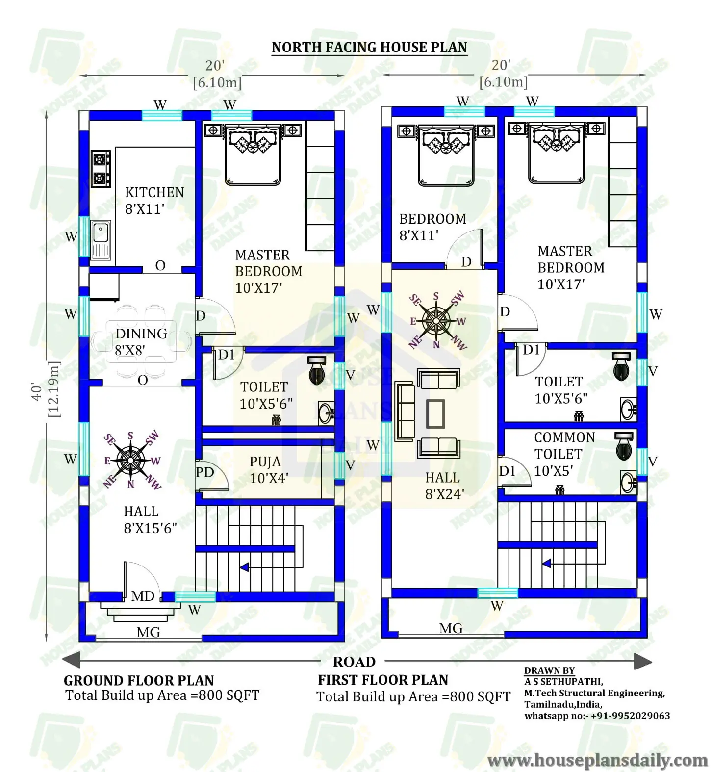 20x40 North Facing House Plan with Vastu