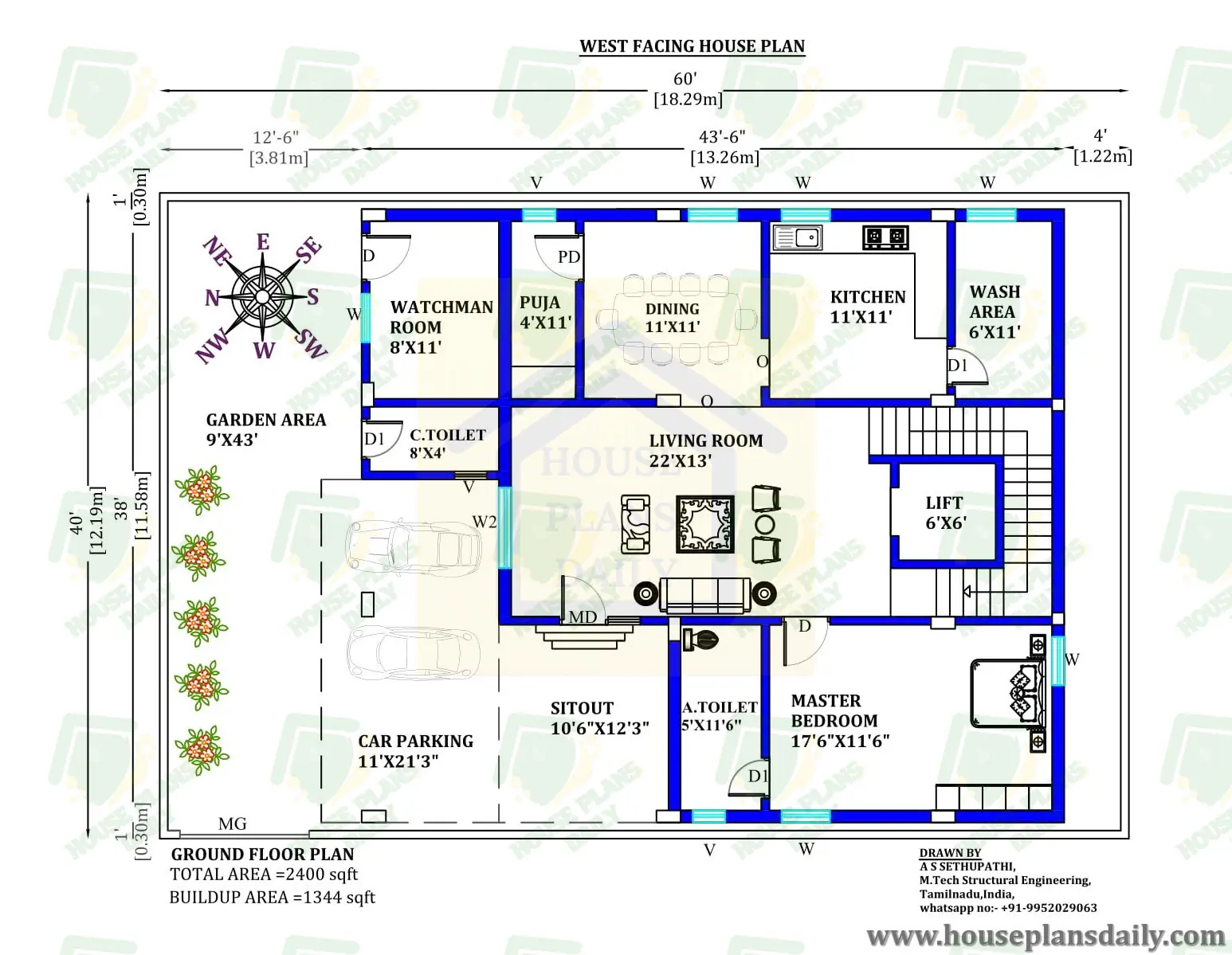 Duplex Floor Plan | House Plan with Lift | 60x40 West Home