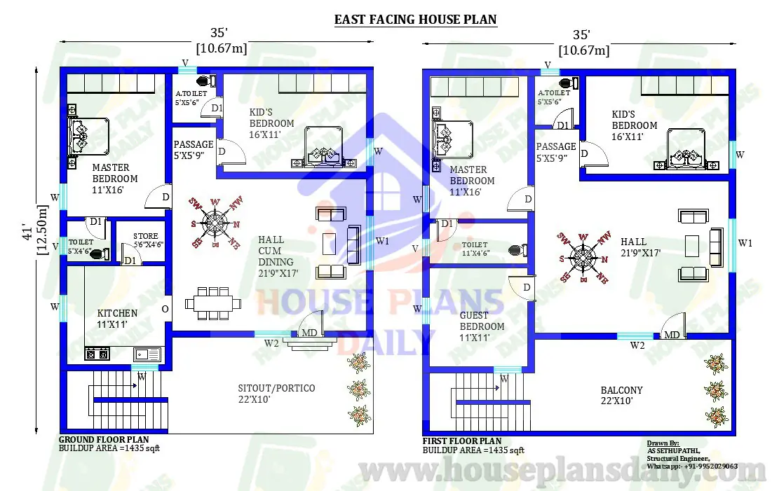 35x41 East Facing house design | Free CAD File
