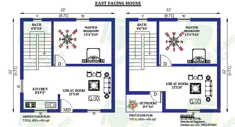 22x22 East Facing Duplex House Plan As Per Vastu Shastra