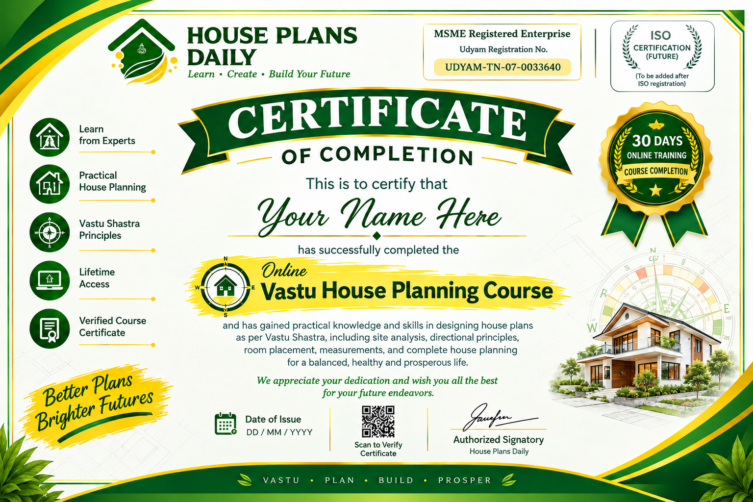 Master Vastu House Planning Official ISO Certificate Mockup